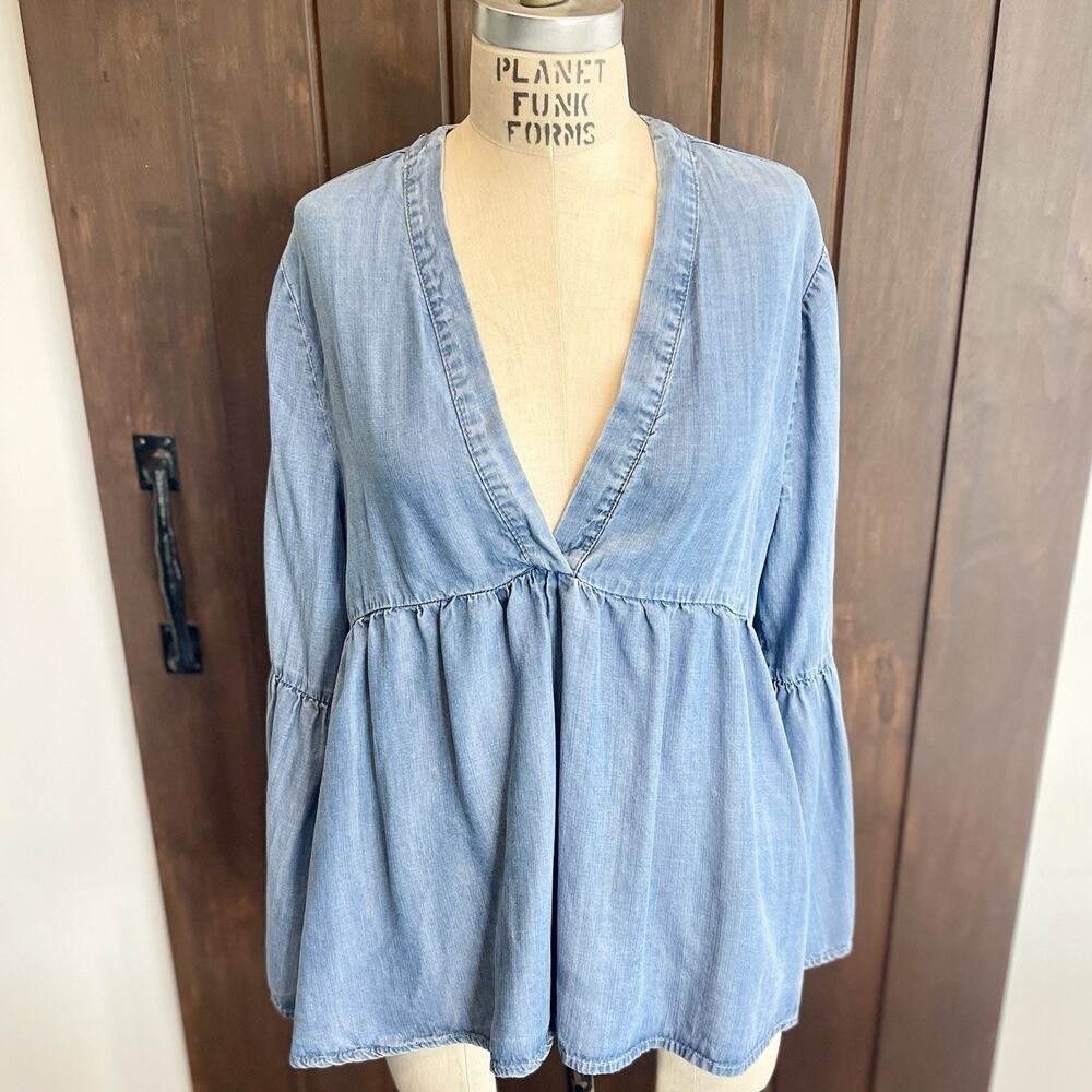 Philosophy Blue Tencel Lyocell V-Neck Bell Long Sleeve Raw Hem Blouse L